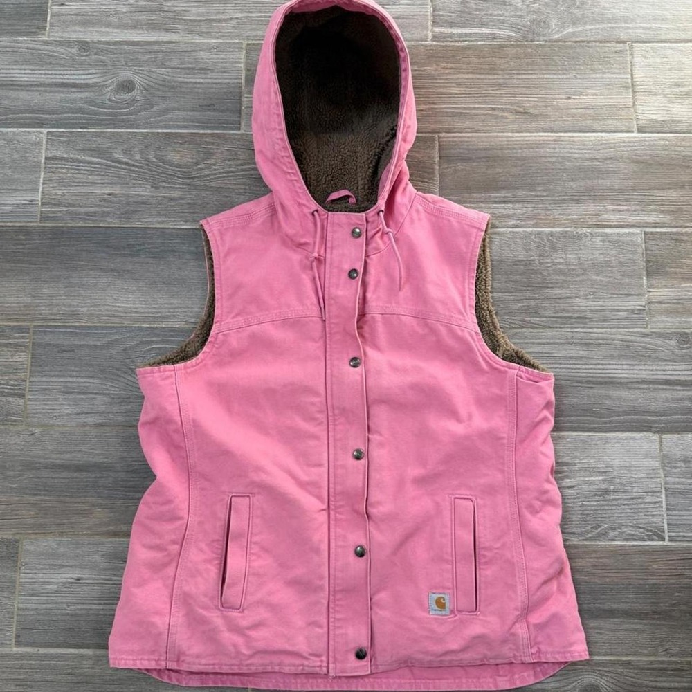 Vintage pink Carhartt hooded Sherpa lined vest 100820694 size XL
